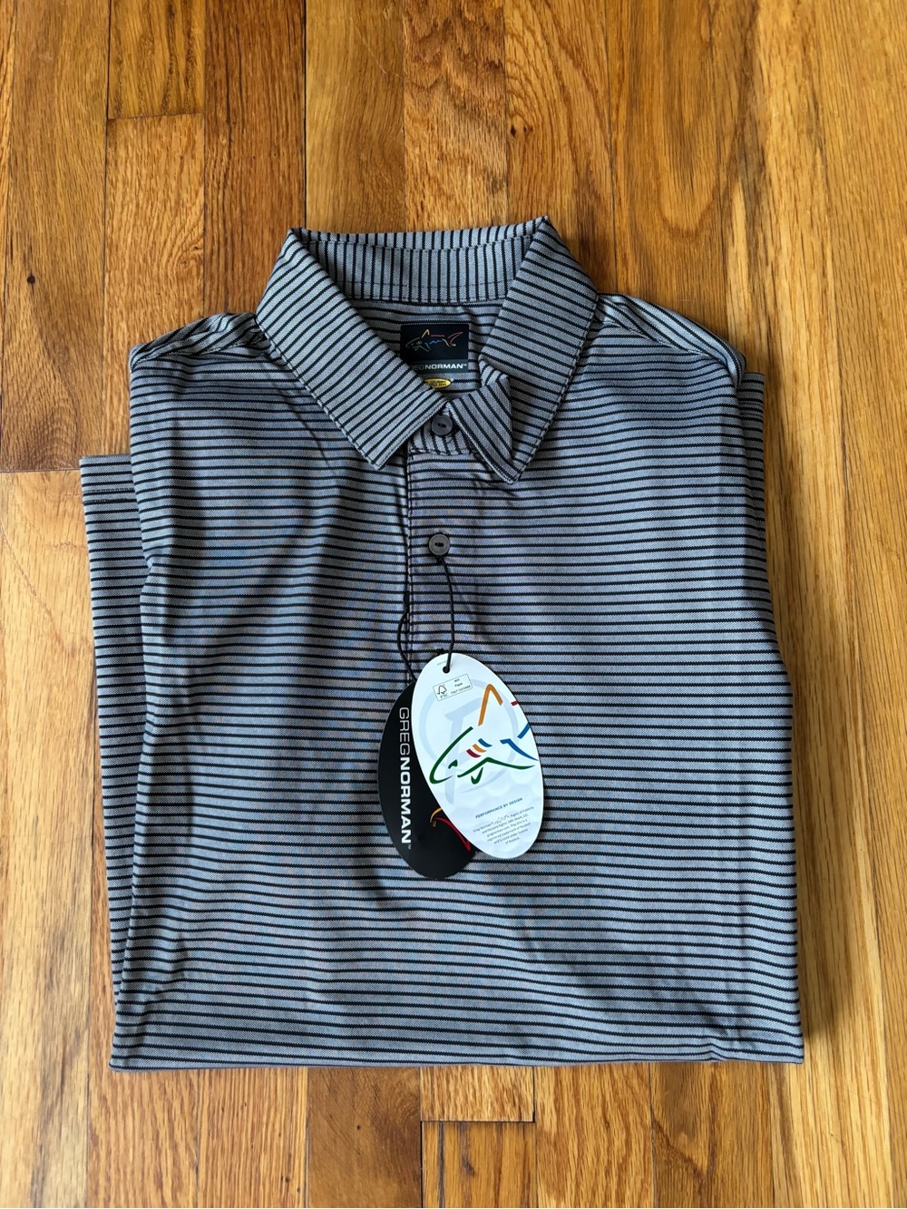 Greg Norman Collection Men's Gray and Black Striped Polo